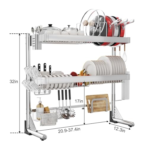 Over The Sink Dish Drainer Drying Rack 3 Tier (Silver / 3 Tier with Pots and Pans Rack)