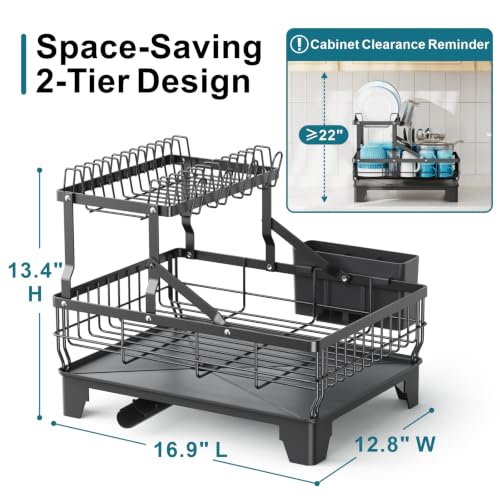 Dish Rack for Kitchen Counter (Black / 2-Tier, 16.9" W)