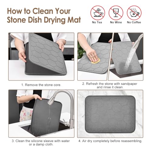 Stone Dish Drying Mat with Silicone Sleeve (Grey- Honeycomb Pattern / 15.7" x 11.8")
