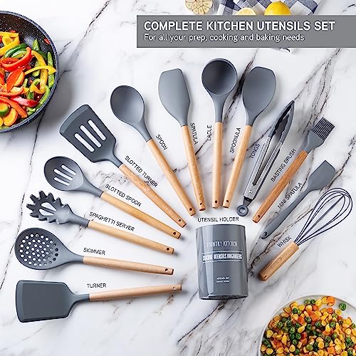 Non Stick Silicone Utensil Set with Rounded Wood Handles for Cooking and Baking (14 Piece Set / Gray)