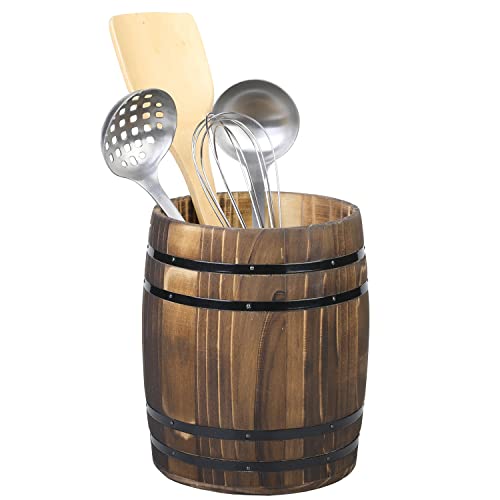 Rustic Wood Wine Barrel Design Kitchen Utensil Crock