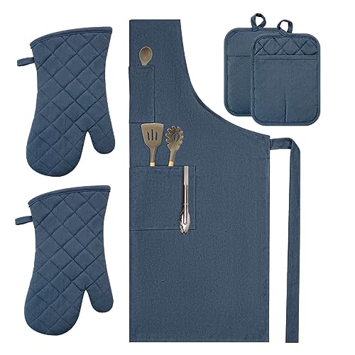 Oven Mitts and Pot Holders with Cooking Apron Set of 5 (Navy)