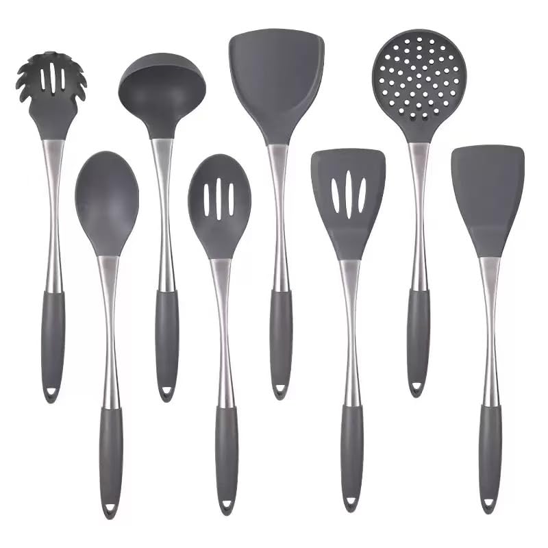 8 Piece Silicone Kitchen Utensil Set (Grey & silvery)