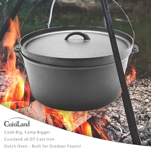 16QT Cast Iron Dutch Oven with Lip Lid & Bail Handle