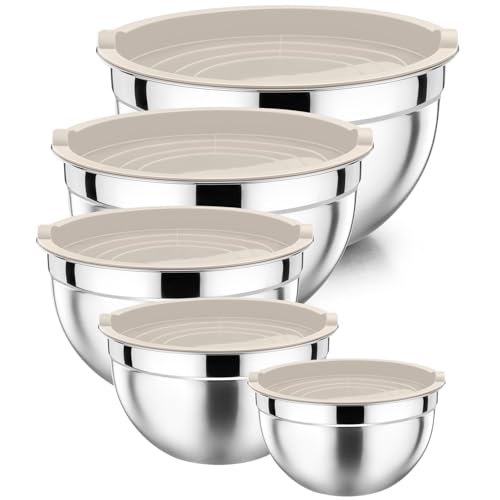 Metal Mixing Bowls with Lids Set (Khaki / Airtight Lids)