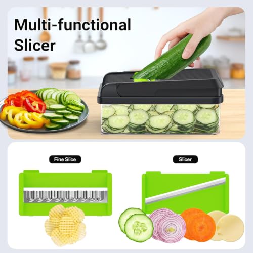 12-in-1 Vegetable Chopper with 7 Blades, Food Veggie Cutter, Green (Green / 7 Blades)