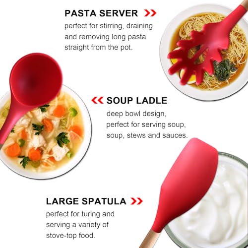 Kitchen Cooking Utensils Set 6Pcs Heat Resistant Silicone Kitchen Utensils Spatula Spoon Turner Ladle w Wooden Handle (Standard 6-Piece Set / Red)