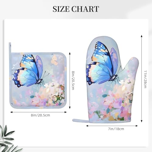 Oven Mitts Pot Holders Set Butterfly Flower Oil Painting Silicone Kitchen Gloves Potholders Heat Resistant for Chef Baking Cooking Grilling BBQ 4 Pack Mitt (C011)