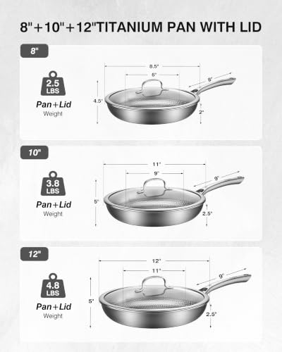 Titanium Pans for Cooking (Titanium / 8+10+12-Inch)