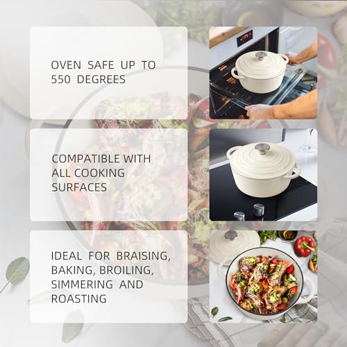 6 Quart Dutch Oven Enameled Cast Iron with Lid (Cream / 6 QT)