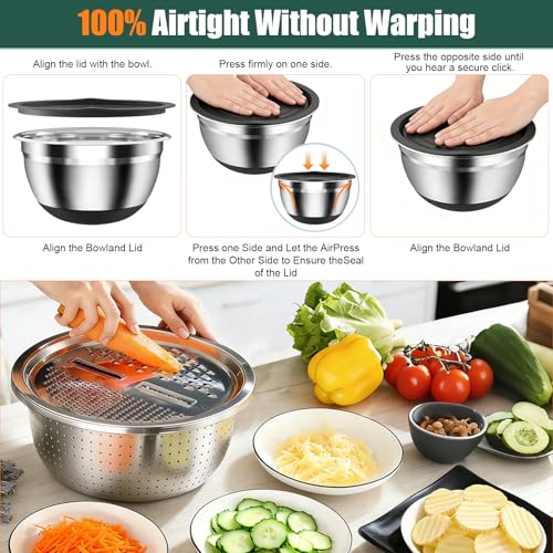Stainless Steel Mixing Bowls Set with Lids & Silicone Base (Black)