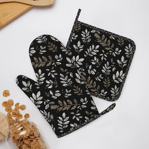 Oven Mitts Pot Holders Set Boho Black Leaf Pattern Silicone Kitchen Gloves Potholders Heat Resistant for Chef Baking Cooking Grilling BBQ 4 Pack Mitt (B0112)