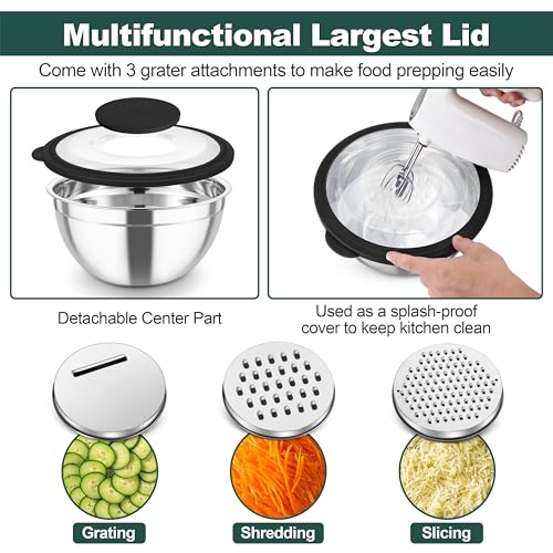 Stainless Steel Mixing Bowls with Transparent Lids & Graters Set