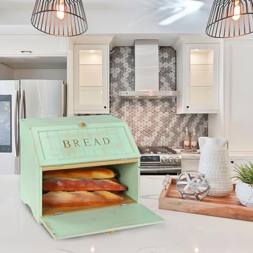 Retro Double Layer Large Bread Box for Kitchen Counter (Mint Green)