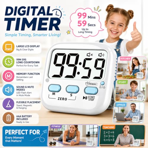2 Pack Digital Timer for Kids Teacher Classroom Kitchen Office (2 Pack* Classic White / 2 Pack)