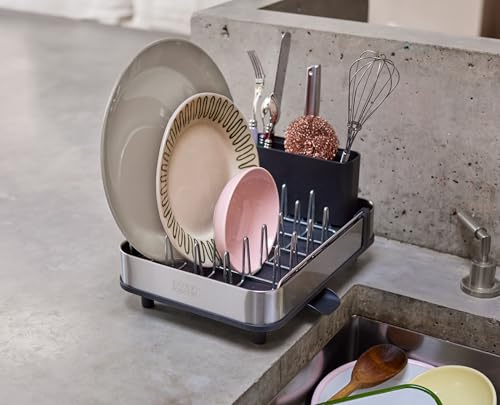 Extend Slim Steel Expandable Dish Drying Rack with Removable Cutlery Holder and Swivel Draining Spout (Slim / Gray)