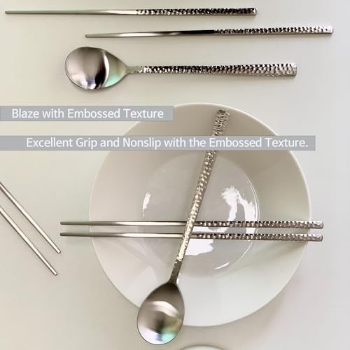 Korean Made Silver Glossy Hammered Stainless Steel Korean Spoon & Chopstick SET