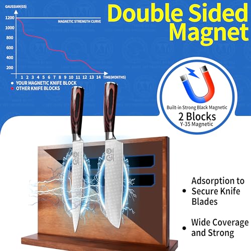 Extra Large Magnetic Knife Block Acacia Wood Knife Set Holder Stand With Stronge Magnetic Strip Kitchen Knives Storage Rack Organizer Tools No Drilling (dark wood color / 11*8 inch without board)