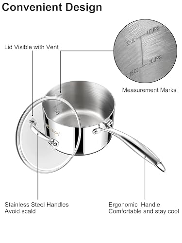 Tri Ply Stainless Steel 1.4 Quart Induction Saucepan with Lid