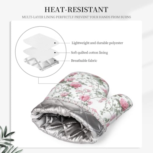 Oven Mitts Pot Holders Set Vintage Floral Silicone Kitchen Gloves Potholders Heat Resistant for Chef Baking Cooking Grilling BBQ 4 Pack Mitt (A0612)