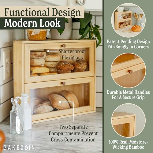 Corner Bread Box for Kitchen Countertop (Natural Bamboo)