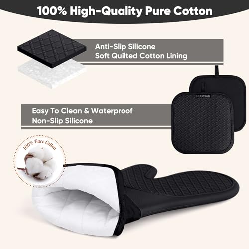 Silicone Oven Mitts Pot Holder Kitchen (Black)