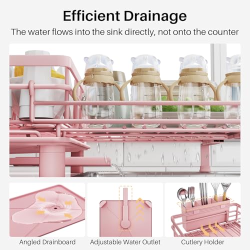 Expandable Dish Drying Rack for Kitchen Counter (Pink)