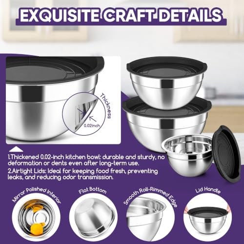 Stainless Steel Mixing Bowls with Lids Set of 3 (Black / 4.6, 3, 1.5QT)