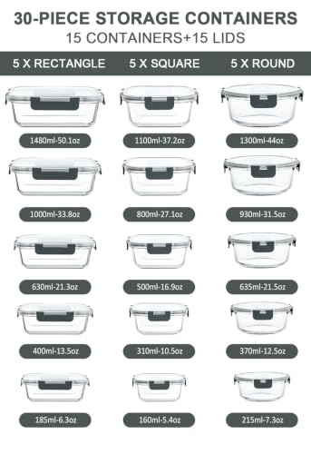 30 Piece Extra Large Glass Food Storage Containers with Lids (Gray)