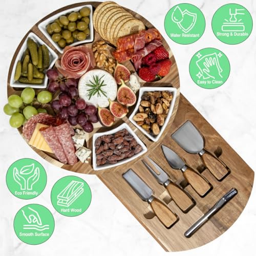 Acacia Cheese Board Gift Set with Ceramic Bowls and Utensils