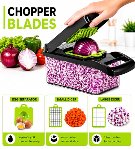 16-in-1 Vegetable Chopper with Container, 8-Blade Food Chopper, Onion Chopper, Veggie Cutter & Mandoline Slicer, BPA-Free Kitchen Gadget