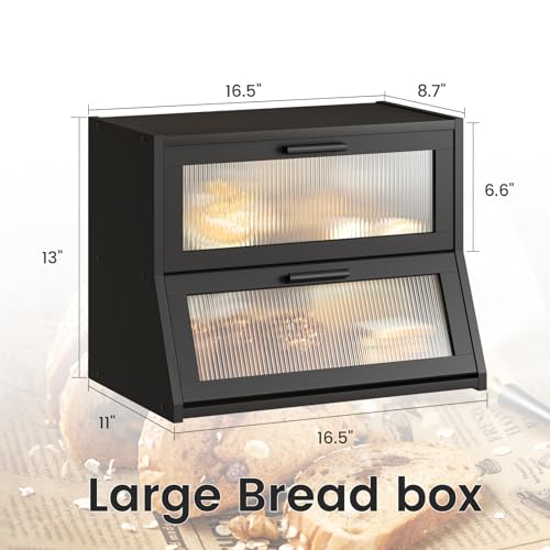 Double Layer Bamboo Bread Box for Kitchen Counter (Black / Medium)