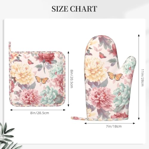 Oven Mitts and Pot Holders Set Peony Flower Butterfly Silicone Kitchen Accessories 4 Piece Heat Resistant Long Gloves Potholder Non (C10)