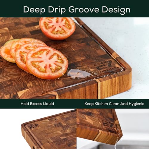 Medium (M) Teak End Grain Cutting Board, Reversible, Knife-Friendly Charcuterie Wood Cutting Board with Juice Groove & Handles, Non-Toxic, Gift Box Included (7" x 13" x 1.5") (M - Teak End Gain / 17"L x 13"W)
