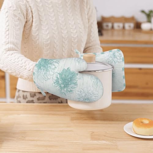 Oven Mitts and Pot Holders Dahlia Flower Pastel Vintage Silicone Kitchen Accessories Set of 4 Heat Resistant Long Gloves Potholder Non (A096)
