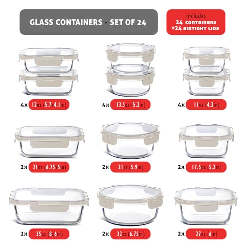 48pc Glass Storage Containers with Lids (Cream / 24 Pack)