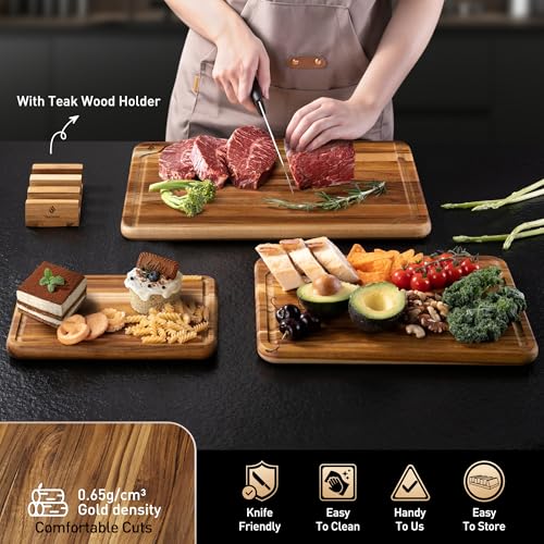 3 Pack Teak Cutting Boards for Kitchen Wood Wooden Cutting Boards Non Toxic (Multi-Size Set | 3 Pack with Holder)