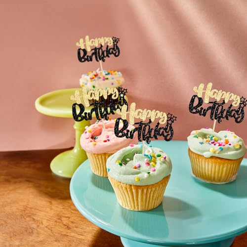 24Pcs Happy Cupcake Toppers Double Layer Glitter Cake Decorations for Baby Shower Kids Boys Girls Birthday Anniversary Party Supplies Pink Light Pink