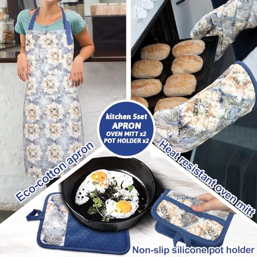 Oven Mitts and Pot Holders with Cooking Apron Set of 5 (Blue Retro)