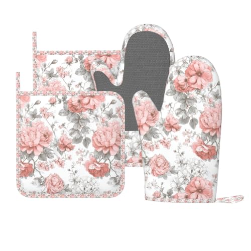 Oven Mitts Pot Holders Set Vintage Flower Silicone Kitchen Gloves Potholders Heat Resistant for Chef Baking Cooking Grilling BBQ 4 Pack Mitt (A0613)