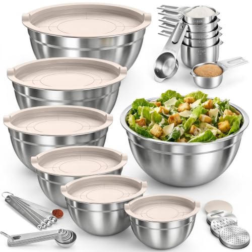 31PCS Mixing Bowls with Lids Set (Khaki / 10+7+14 - Bowls & Cups & Spoons)