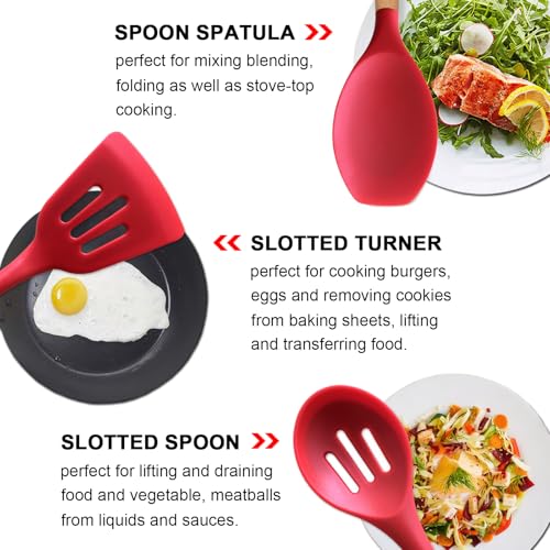 Kitchen Cooking Utensils Set 6Pcs Heat Resistant Silicone Kitchen Utensils Spatula Spoon Turner Ladle w Wooden Handle (Standard 6-Piece Set / Red)