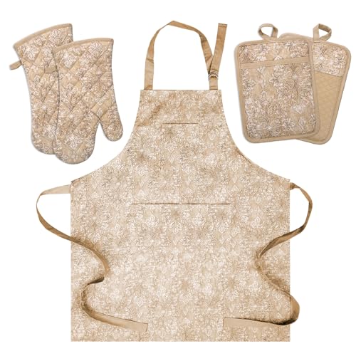 Oven Mitts and Pot Holders with Cooking Apron Set of 5 (Tawny)