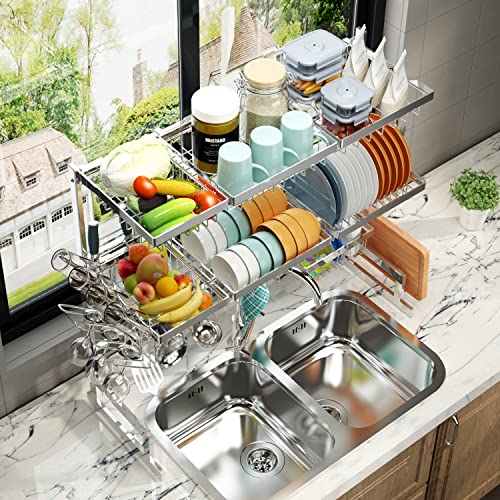 Over Sink Dish Drying Rack Stainless Steel (Silver(304 Stainless Steel) / 3Tier - Standard(34"-46"))
