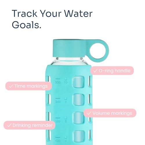 40oz / 32oz / 22oz / 12oz Borosilicate Glass Water Bottle with Time & Volume Markers, Silicone Sleeve, Stainless Steel Lid | Reusable Glass Bottle for Water & Juice