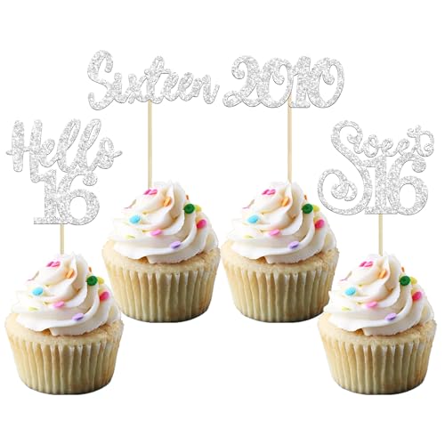 24Pcs Happy 16th Birthday Cupcake Toppers Glitter Hello 16 Sweet 16 Cupcake Picks 2006 Sixteen Old Birthday Cake Decorations for 16th Birthday Anniversary Party Supplies Black