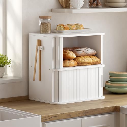 2 Tier Roll Top Bread Box for Kitchen Countertop Storage Cabinet (White / Extra Large)