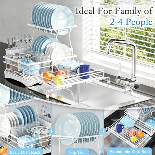 2 Tier Dish Drying Rack (White / 2-Tier Dish Rack 16.7"W X 14.8"H 12.8"-20.8")