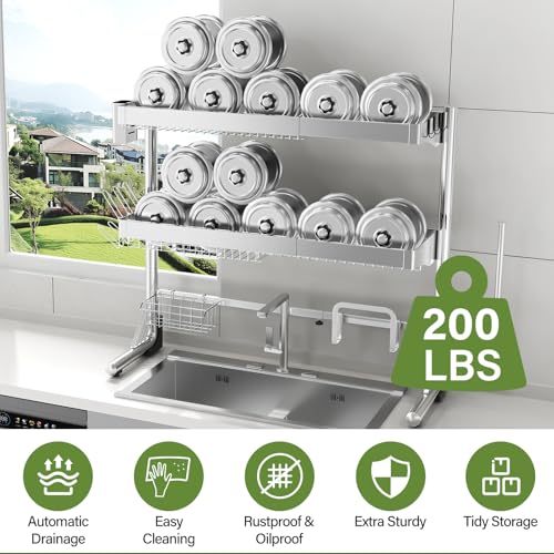 Over The Sink Dish Drainer Drying Rack 3 Tier (Silver / 3 Tier with Flat Grid)