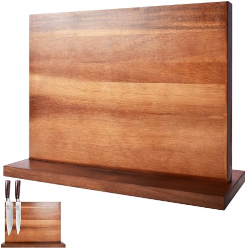 Extra Large Magnetic Knife Block Acacia Wood Knife Set Holder Stand With Stronge Magnetic Strip Kitchen Knives Storage Rack Organizer Tools No Drilling (dark wood color / 11*8 inch without board)